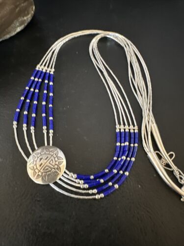 Concha Blue Lapis Heishi | Navajo Liquid Sterling Silver Necklace | 5 Strand | 20" | 15874
