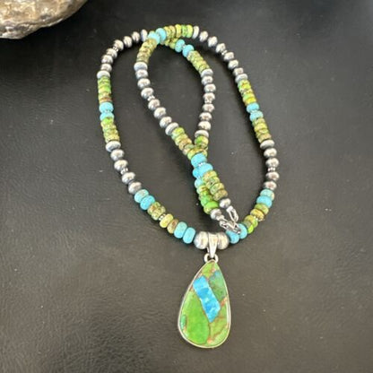 Navajo Blue Green Mojave Turquoise Pendant | Sterling Silver Pearl Necklace | Authentic Native American Handmade | 16923