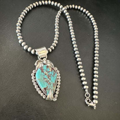 Navajo Blue Turquoise Pendant Necklace | Sterling Silver Pearls | Authentic Native American Handmade | 15642