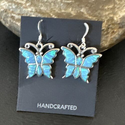 Butterfly Blue Opal Inlay Dangle Earrings | Sterling Silver | Authentic Native American Handmade | 16526