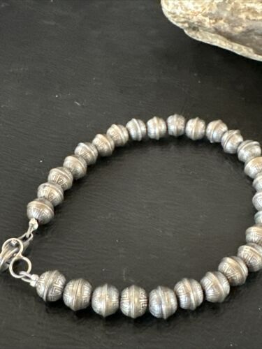 Handmade Stamped Navajo Pearls Bracelet | 6mm Beads | 8" Sterling Silver | Authentic Native American | 17447