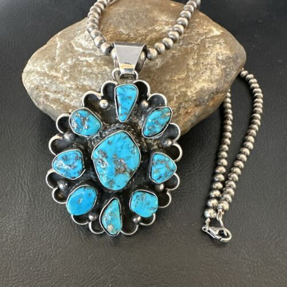 Navajo Blue Kingman Turquoise Cluster Pendant | Sterling Silver | 3" | Authentic Native American Handmade | 17417