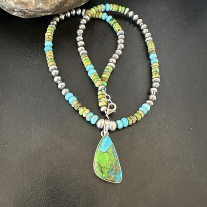 Navajo Blue Green Mojave Turquoise Pendant | Sterling Silver Pearl Necklace | Authentic Native American Handmade | 16921