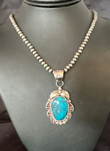 Navajo Pearls Blue Turquoise Necklace Pendant | Sterling Silver | Authentic Native American Handmade | 14882