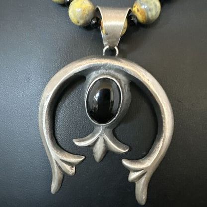 Men's Black Onyx Naja Pendant | Navajo Bumblebee Sterling Silver Necklace | Authentic Native American Handmade | 16092 - Masha USA