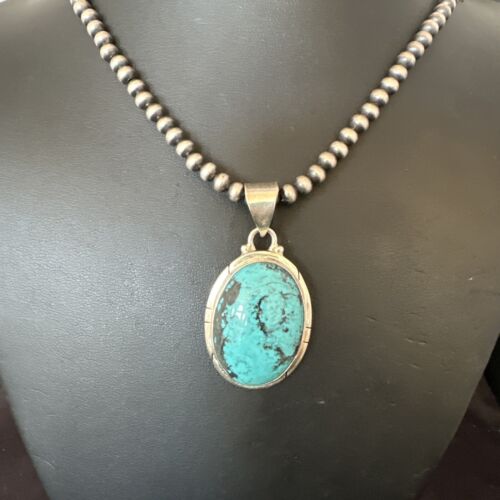 Men's Navajo Blue Spiderweb Turquoise Pendant Necklace | Sterling Silver | Authentic Native American Handmade | 16226