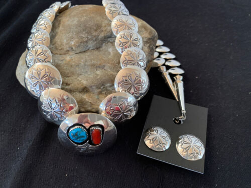 Navajo Coral Turquoise Necklace | Graduated Sterling Silver Pillow Stamped | 15635