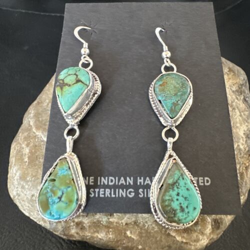 Navajo Green Royston Turquoise Dangle Earrings | Sterling Silver | Authentic Native American Handmade | 16495