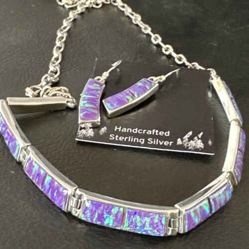 Navajo Purple Opal Inlay Choker Necklace & Earrings Set | Sterling Silver | Authentic Native American Handmade | 16260