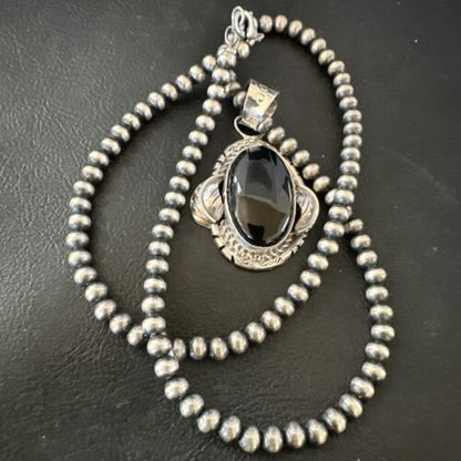 Navajo Pearls Black Onyx Necklace Pendant | Sterling Silver | Authentic Native American Handmade | 16533