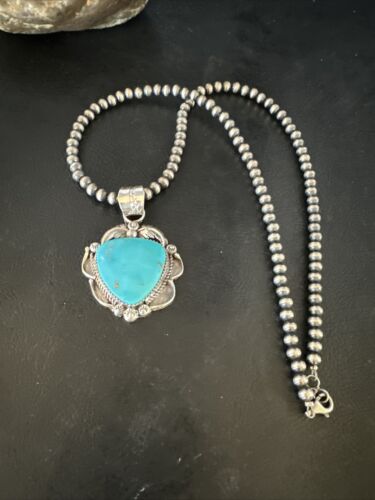 Navajo Kingman Turquoise Pendant Necklace | Sterling Silver Pearls | Authentic Native American Handmade | 15215