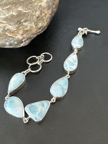 Navajo Blue Larimar Bracelet | Sterling Silver Link | 8" | Authentic Native American Handmade | 16082