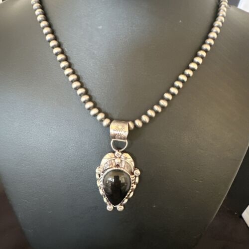 Navajo Pearls Black Onyx Necklace Pendant | Sterling Silver | Authentic Native American Handmade | 16528