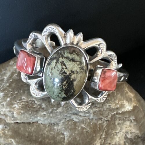 Navajo Green Turquoise & Coral Tufa Cast Cuff Bracelet | Sterling Silver | Authentic Native American Handmade | 16777