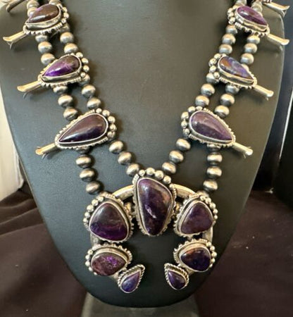 Navajo Squash Blossom Necklace with Purple Sugilite Pendant | Sterling Silver | 28" | 16940