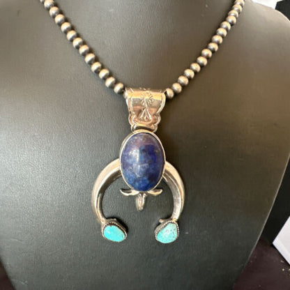 Blue Turquoise Lapis Lazuli Naja Pendant | Navajo Sterling Silver | Authentic Native American Handmade | 16412