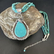 Navajo Blue Turquoise Pendant | Sterling Silver 3-Strand Bead Necklace | 17" | Authentic Native American Handmade | 15998