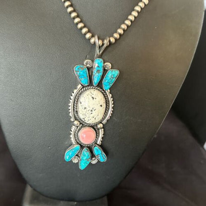 Navajo Blue Kingman Turquoise Cluster Pendant | Sterling Silver | 4" | Authentic Native American Handmade | 17419