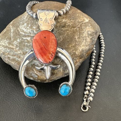 Navajo Blue Turquoise Red Spiny Oyster Naja Pendant | Sterling Silver | Authentic Native American Handmade | 16405