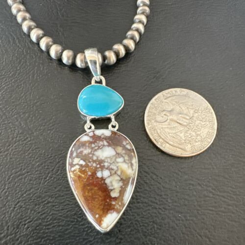 Navajo Wild Horse Blue Kingman Turquoise Necklace | Sterling Silver | Multi-Stone Pendant | 17315