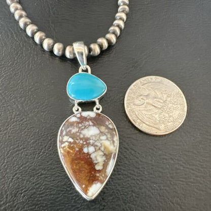 Navajo Wild Horse Blue Kingman Turquoise Necklace | Sterling Silver | Multi-Stone Pendant | 17315