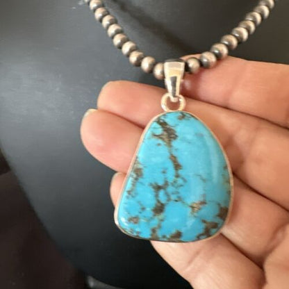 Navajo Blue Kingman Turquoise Pendant with Pearls | Sterling Silver Necklace | 20" | 17008