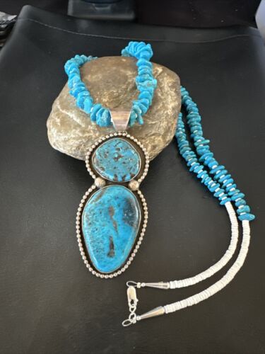 Navajo Blue Kingman Turquoise Pendant Necklace | Sterling Silver | 32" | Authentic Native American Handmade | 16068