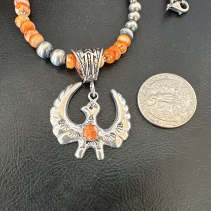 Navajo Thunderbird Orange Spiny Oyster Pendant Necklace | Sterling Silver | Authentic Native American Handmade | 16852