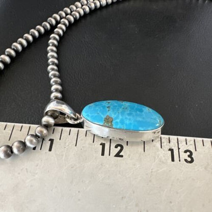 Navajo Blue Kingman Turquoise Pendant with Pearls | Sterling Silver Necklace | 20" | 16993
