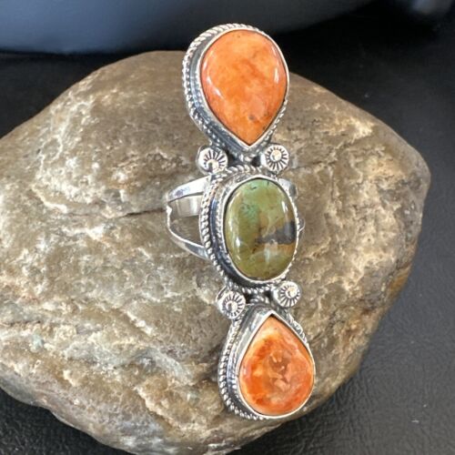 Navajo Green Turquoise Spiny Oyster Multi-Stone Ring | Authentic Native American Sterling Silver | Sz 10 | 16714