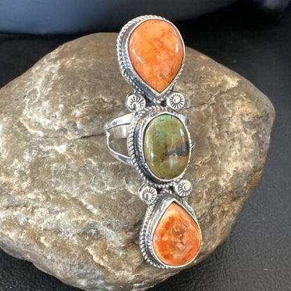 Navajo Green Turquoise Spiny Oyster Multi-Stone Ring | Authentic Native American Sterling Silver | Sz 10 | 16714