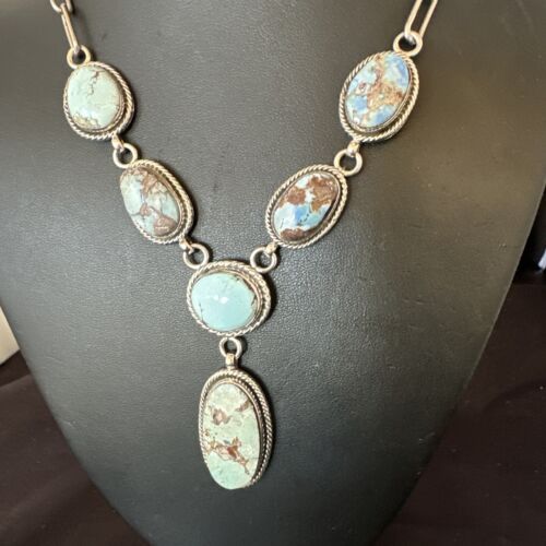 Navajo Blue Golden Hills Turquoise Lariat Necklace Pendant | Sterling Silver | Authentic Native American Handmade | 16282