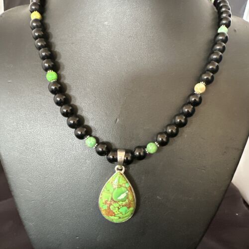 Green Mojave Turquoise & Onyx Pendant | Navajo Pearl Sterling Silver Necklace 21" | 17499