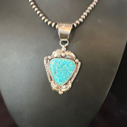 Navajo Kingman Turquoise Pendant Necklace | Sterling Silver Pearls | Authentic Native American Handmade | 15218