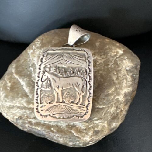 Navajo Stamped Horse Pendant Necklace | Sterling Silver | 2.5" | Authentic Native American Handmade | 15171