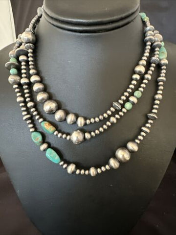 48” Navajo Pearls Sterling Silver Royston Turquoise Necklace Mixed Beads 15990