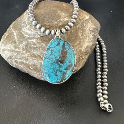 Men's Navajo Blue Spiderweb Turquoise Pendant Necklace | Sterling Silver | Authentic Native American Handmade | 16273