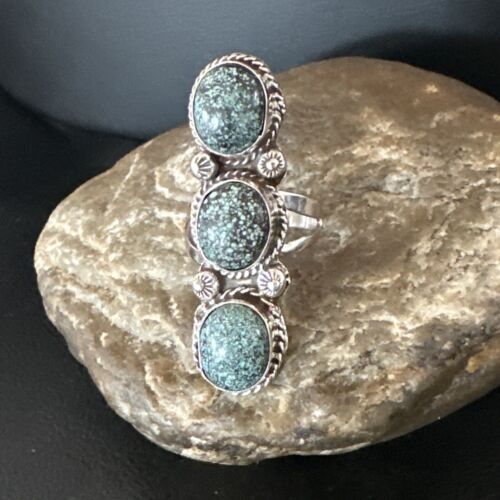 Navajo Blue Spiderweb Turquoise Cluster Ring | Authentic Native American Sterling Silver | Multi-Stone | Sz 9 | 16704