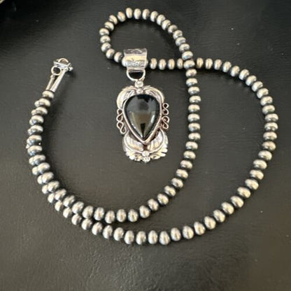 Native American Men's Pendant | Navajo Pearls | Sterling Silver Black Onyx Necklace | 16129