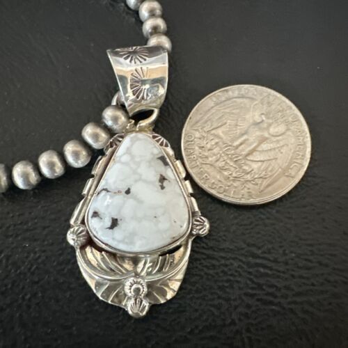 Men's White Buffalo Turquoise Pendant Necklace | Navajo Pearls | Sterling Silver | Native American Handmade | 17335