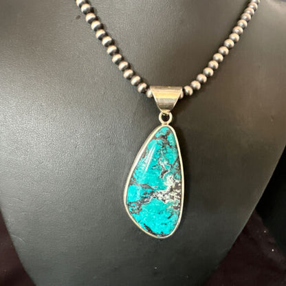 Men's Navajo Blue Spiderweb Turquoise Pendant Necklace | Sterling Silver | Authentic Native American Handmade | 16206