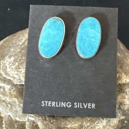 Navajo Blue Kingman Turquoise Post Stud Earrings | Sterling Silver | Authentic Native American Handmade | 17411