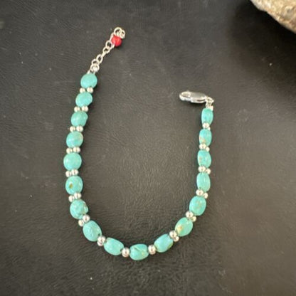 Women's Blue Turquoise Bead Bracelet | Southwestern Sterling Silver Link | 8" | 17498