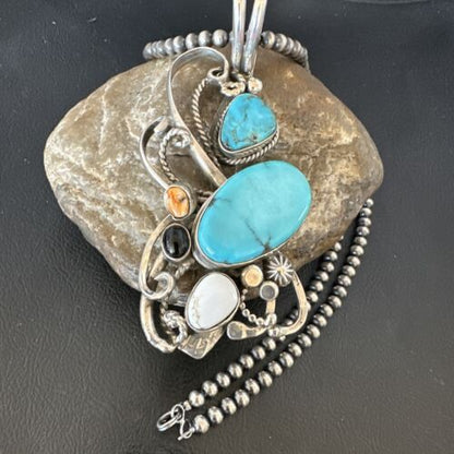Navajo White Buffalo Kingman Turquoise Sterling Silver Pendant Necklace | 21" | Handmade 15949