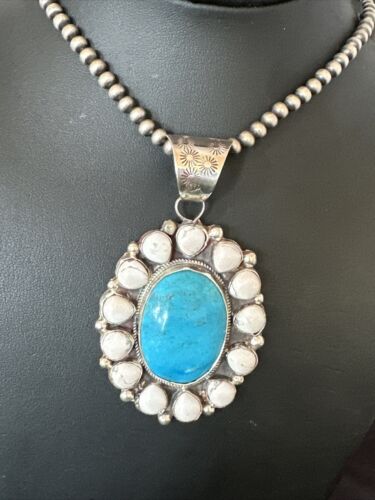 Navajo Blue Turquoise White Cluster Pendant Necklace | Sterling Silver | Multi-Stone | 17391