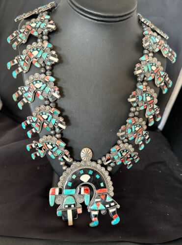 XXL Turquoise Onyx Kokopelli Inlay Squash Blossom Necklace | Sterling Silver | 16177 - Masha USA