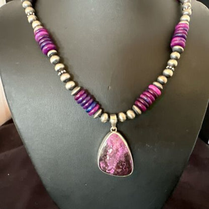 Navajo Purple Sugilite Pendant with Pearls | Sterling Silver Necklace | 21" | Authentic Native American Handmade | 10729