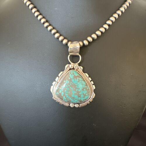 Navajo Men's Blue Turquoise #8 Pendant Necklace | Sterling Silver | Authentic Native American Handmade | 17123