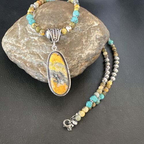Navajo BumbleBee Jasper Pendant Necklace | Sterling Silver Pearls | Authentic Native American Handmade | 16879