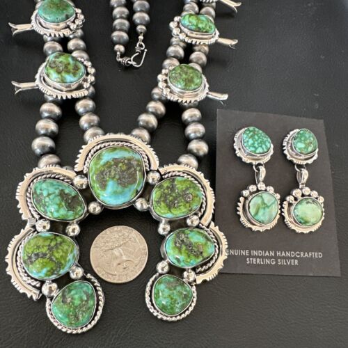 Navajo Ultra Rare Green Sonoran Gold Turquoise Squash Blossom Necklace Set | Sterling Silver | 17208